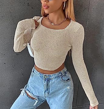 Women Long Sleeve Knitted Solid Crop Top