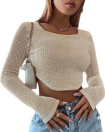 Women Long Sleeve Knitted Solid Crop Top