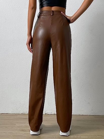 Women's Faux Leather Straight Leg Zipper Fly Long Pants