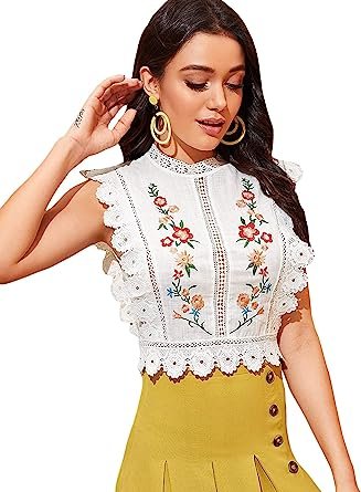 Women's Mock Neck Lace Trim Embroidery Blouse Tops