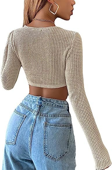 Women Long Sleeve Knitted Solid Crop Top