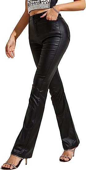 Women's High Waisted Flare Leg PU Leather Long Pants Trousers