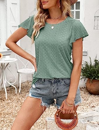 Womens Tops Summer Ruffle Sleeve Crew Neck T shirts