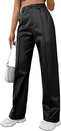 Women's High Waisted Straight Leg Long Pants PU Trousers