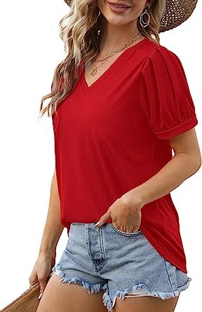 Womens Summer Tops Puff Short Sleeve V Neck T Shirts