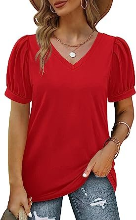 Womens Summer Tops Puff Short Sleeve V Neck T Shirts