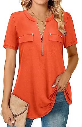 Women's Zip Front V-Neck Short Sleeve Work Casual Top