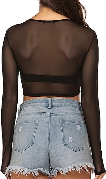 Women Mesh Crop Top Long Sleeve See Through Shirt