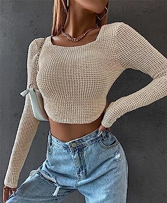 Women Long Sleeve Knitted Solid Crop Top