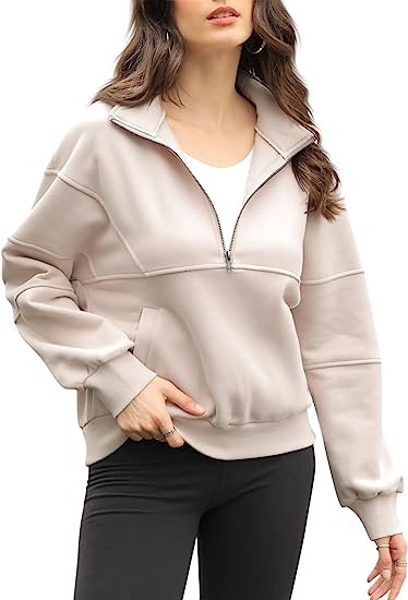 Womens Oversized  1/2 Zipper Long Sleeve Fleece Pullover Crop Tops