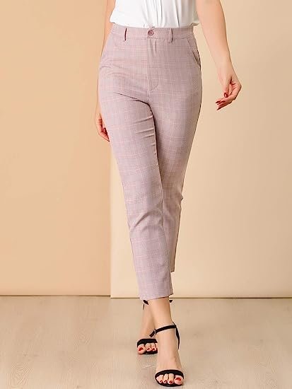 Women's Plaid High Waist Elastic Office Work Ankle Pants